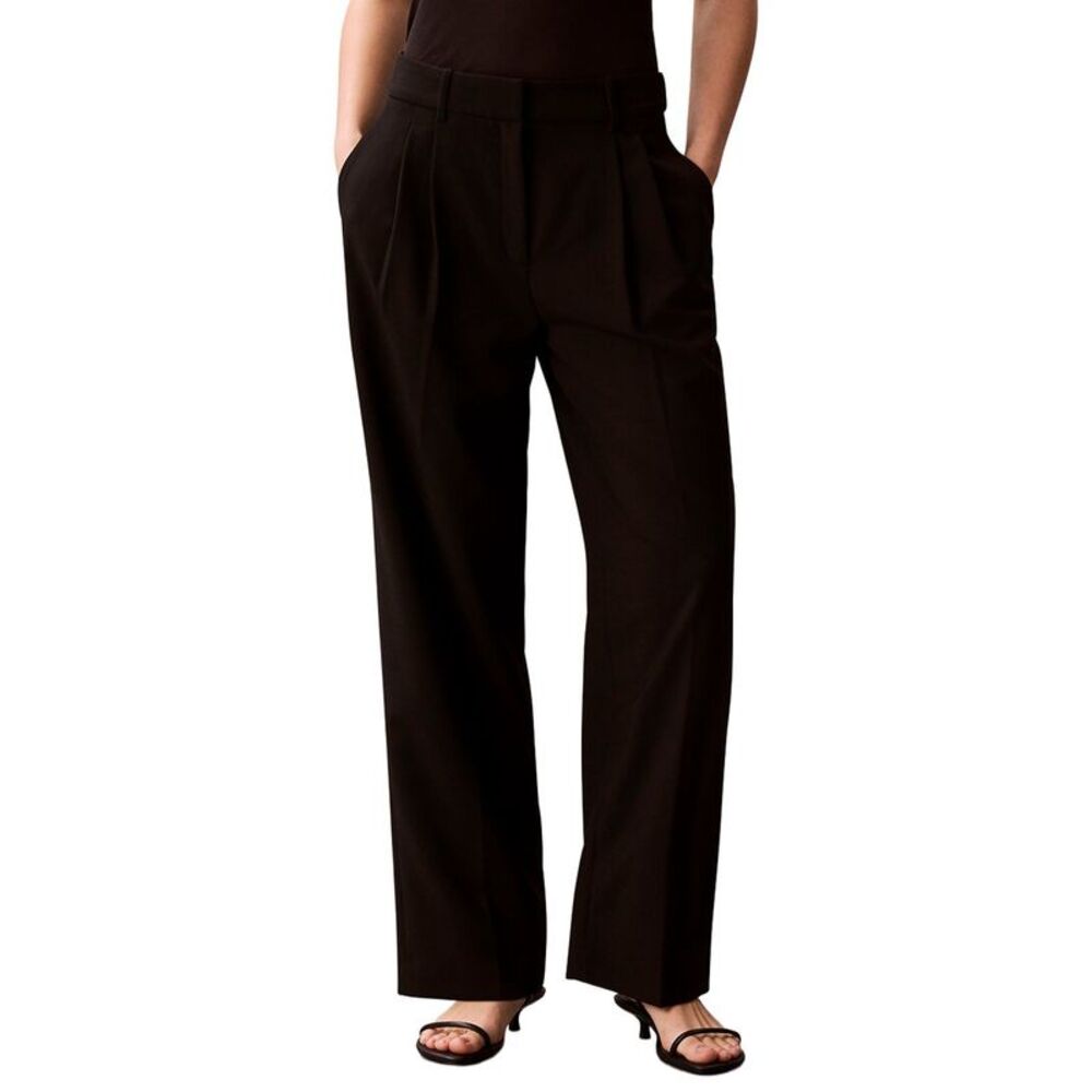 Calvin Klein Womens Smooth Stretch Pleated Wide Leg Pant, Black